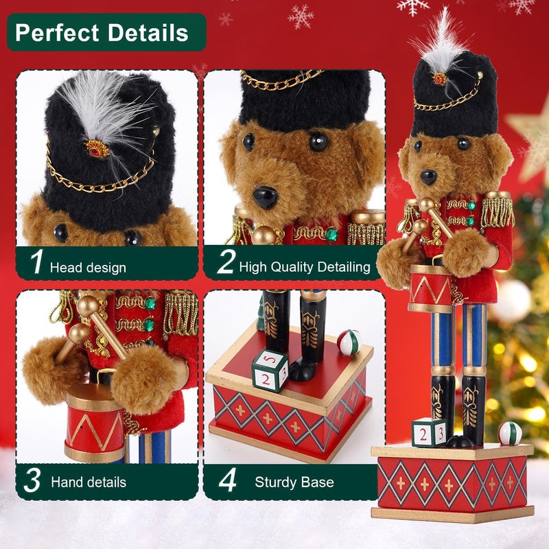 BXO Store Christmas Decorations Nutcracker Figures,11 inch Wooden Nutcracker Premium Plush Bear Drummer Ornaments,Festive Collectible Christmas Nutcracker Figures Party Tabletop Thanksgiving Decor(Bear Drummer) - Image 2